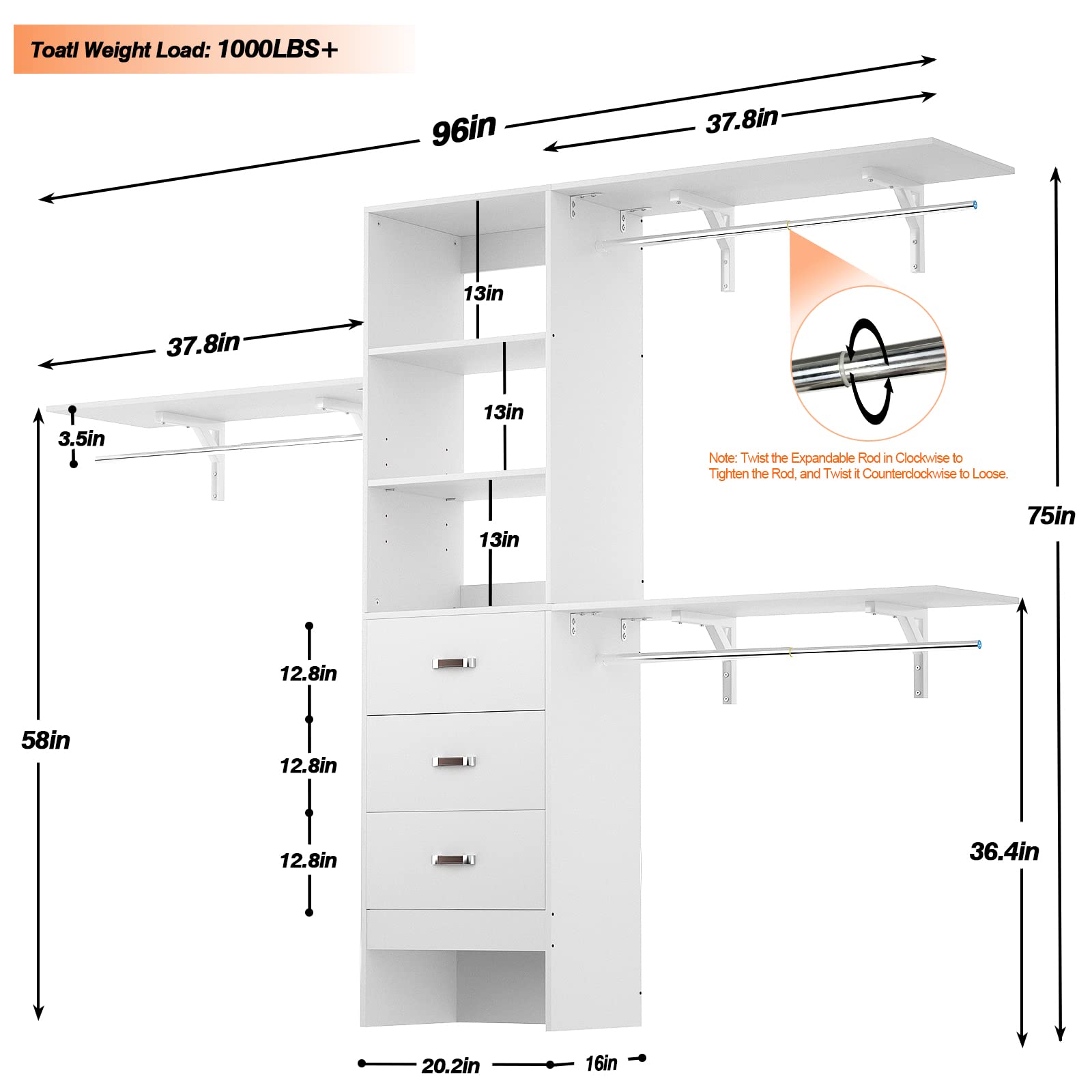 8FT Walk-In Closet Organizer System with Shelving Towers and Drawers