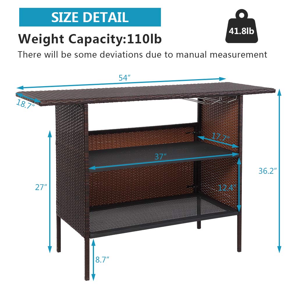 Wicker Outdoor Bar Table with Steel Shelves and Storage