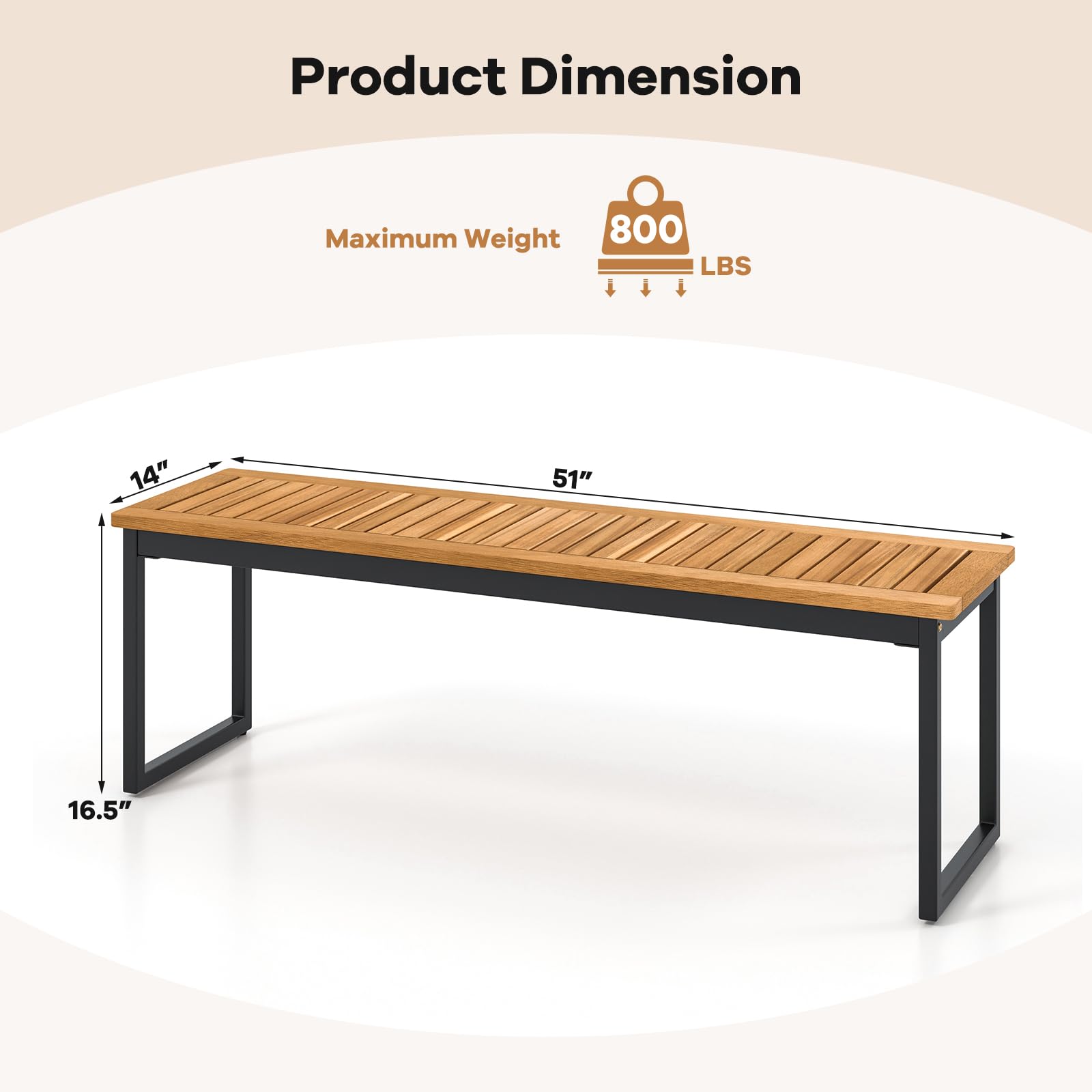 Acacia Wood Outdoor Dining Bench Set of 2 with Metal Legs
