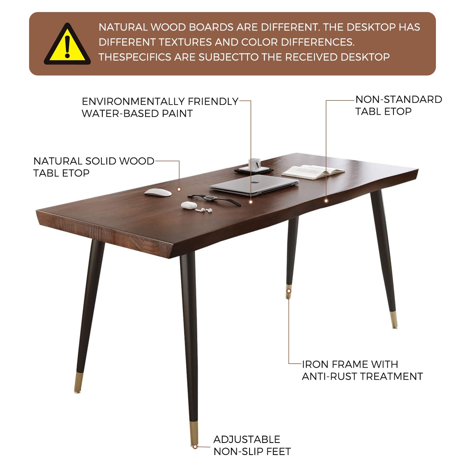 55" Standing Desk Study Computer Desk - Black Metal Frame Solid Wood
