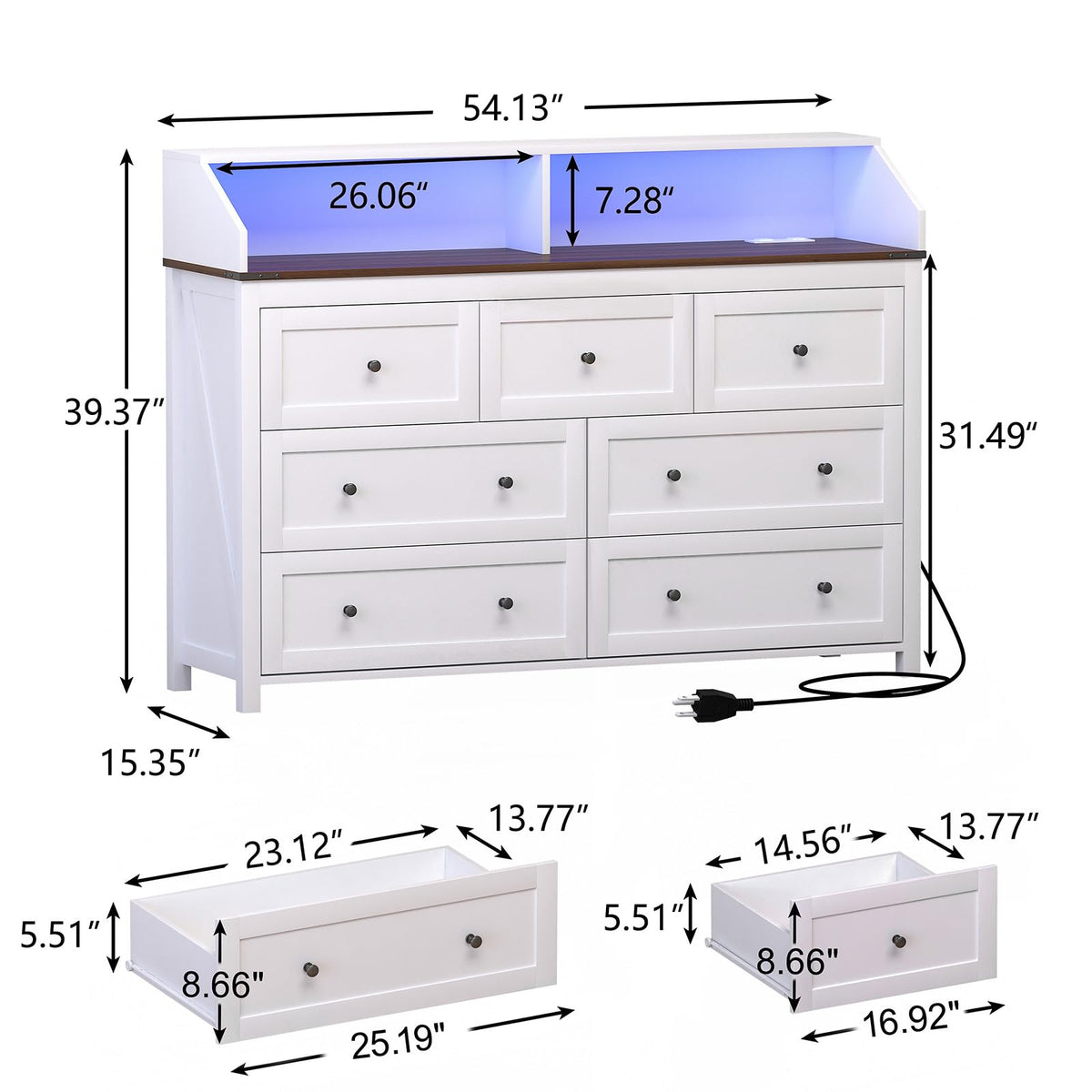 7 Drawer Dresser with LED Lights and Charging Station