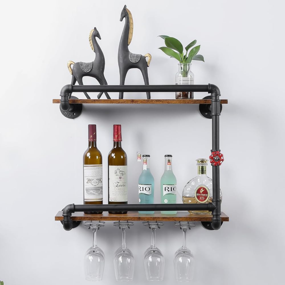 2-Tier Wall Mounted Wine Rack with Glass Holder