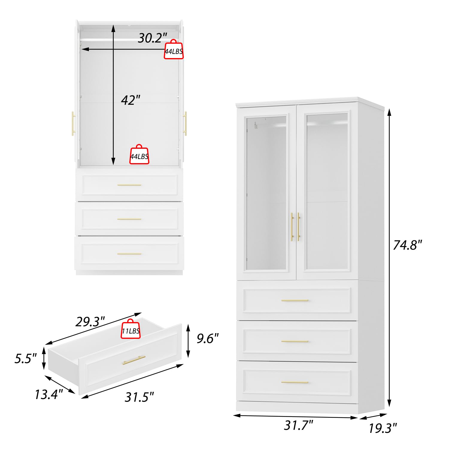 Wardrobe Closet with Hanging Rod 3 Drawers 2 Glass Doors White