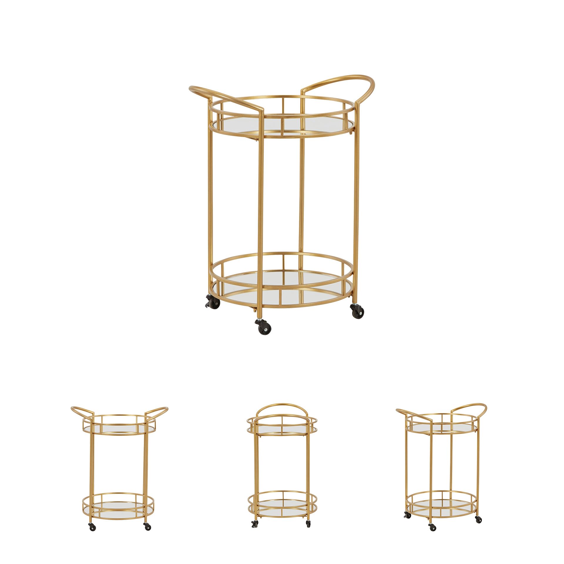 Round Modern Bar Serving Cart with 2 Mirrored Shelves