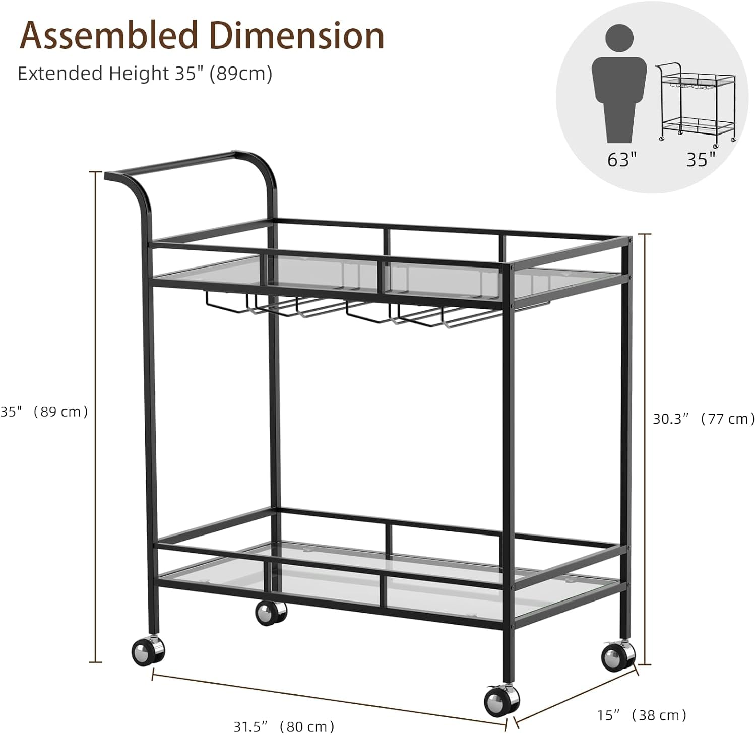 Large 2-Tier Bar Cart with Wine Rack and Glass Holder