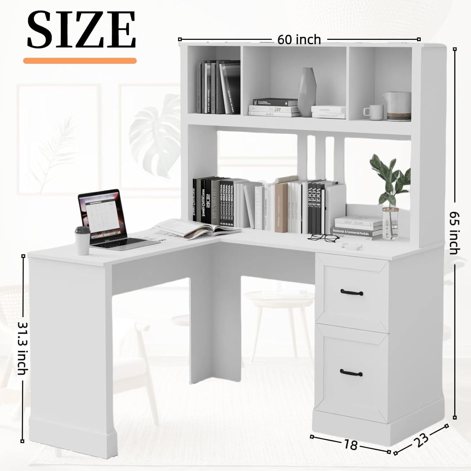 L-Shaped Corner Desk with Hutch and File Cabinet