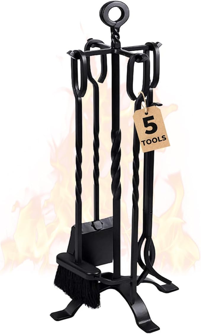 5-Piece Fireplace Tool Set with Handles - Wrought Iron
