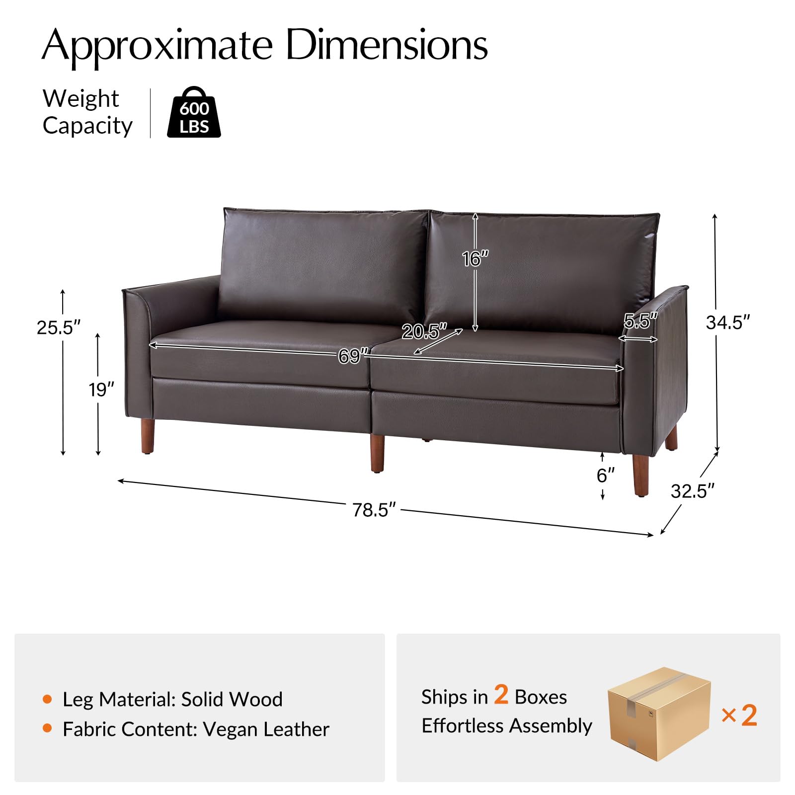 78.5" Mid-Century Faux Leather Sofa