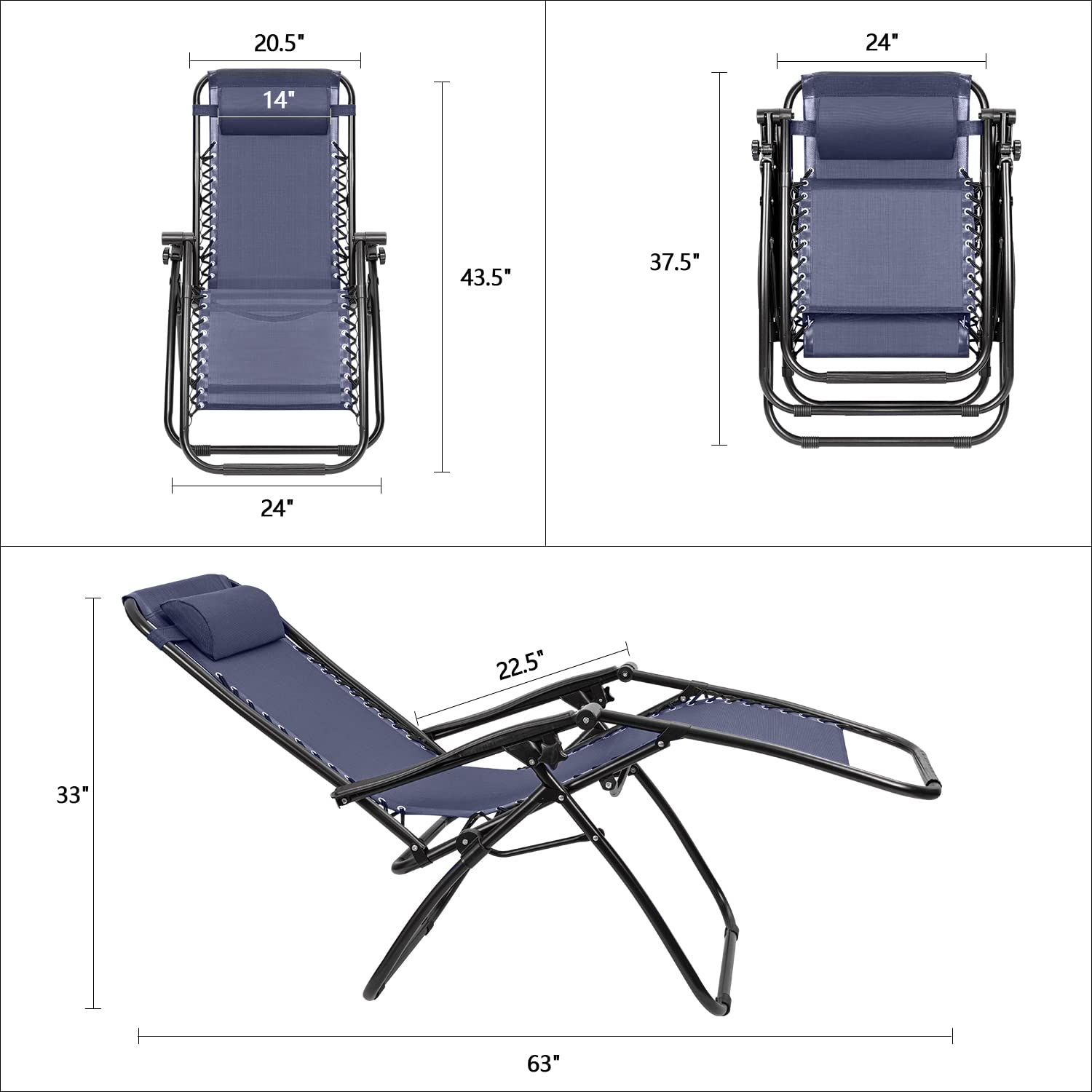 Devoko Patio Zero Gravity Chair Outdoor Folding Adjustable Reclining Chairs Pool Side Using Lawn Lounge Chair with Pillow Set of 2 (Dark Blue)