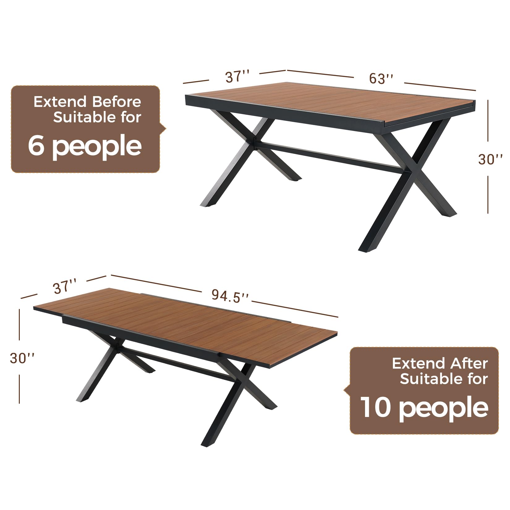 Grand patio Expandable Patio Dining Table, Extra Large 94.5" L x 37" W Outdoor Dining Table for 6-10 Person Wood Grain Rectangular Patio Table with E-Coating for Garden Porch Deck, Black