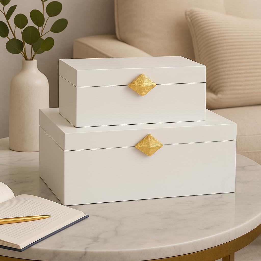Decorative Wooden Storage Boxes with Gold Accent - Set of 2