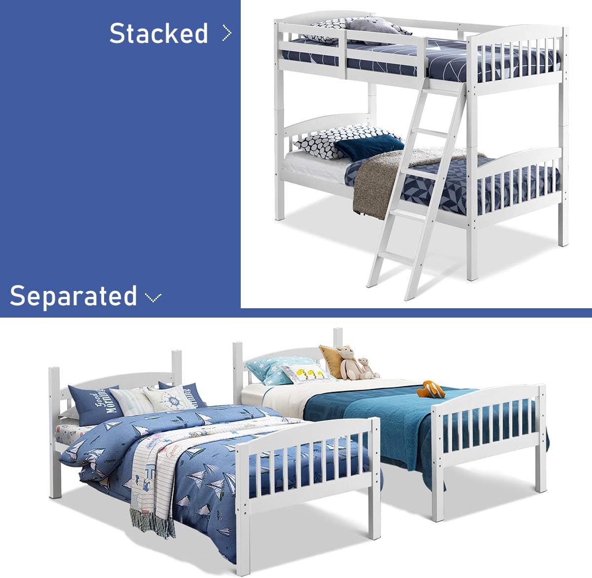 Twin Over Twin Bunk Bed with Ladder and Safety Rail