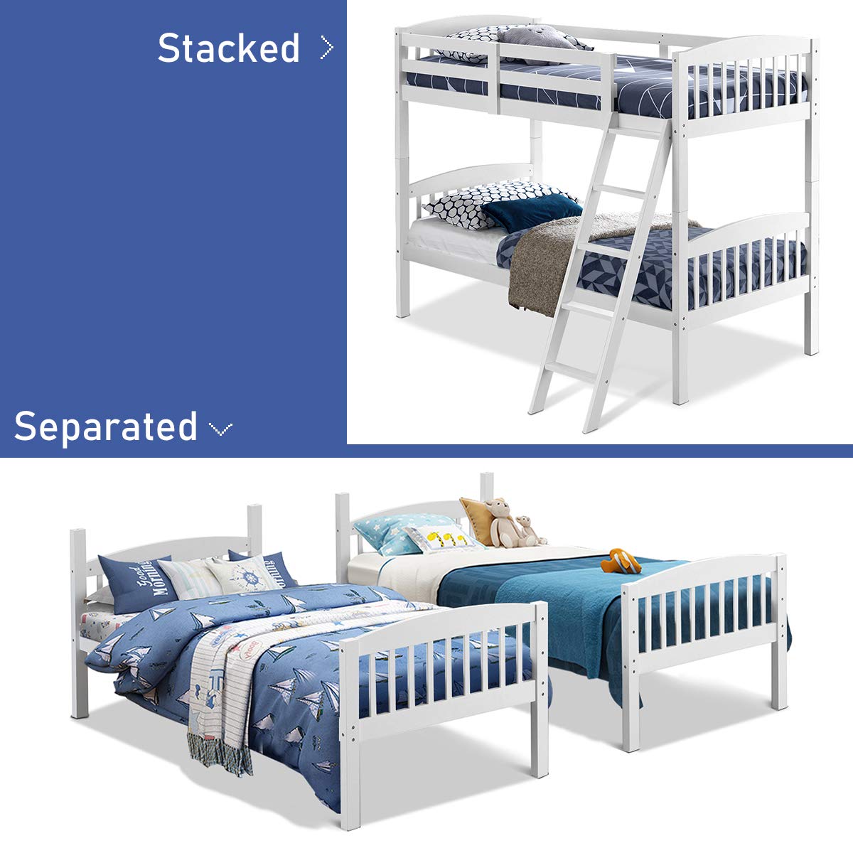 Twin Over Twin Bunk Bed with Ladder and Safety Rail