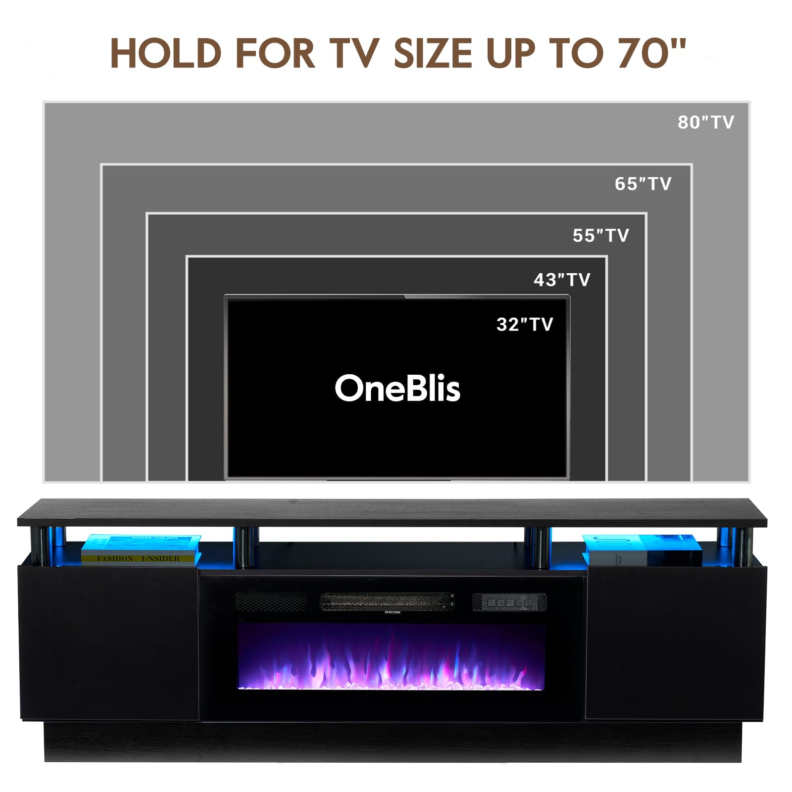 70" TV Stand with Electric Fireplace and Storage Cabinet