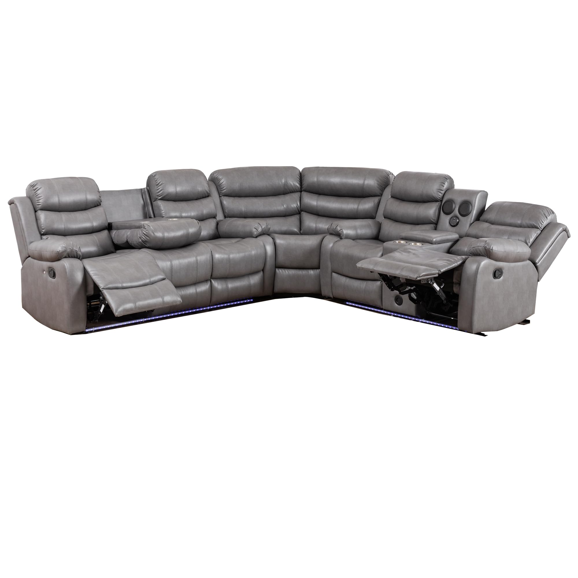 Faux Leather Reclining Sectional Sofa with LED Light and USB Chargers
