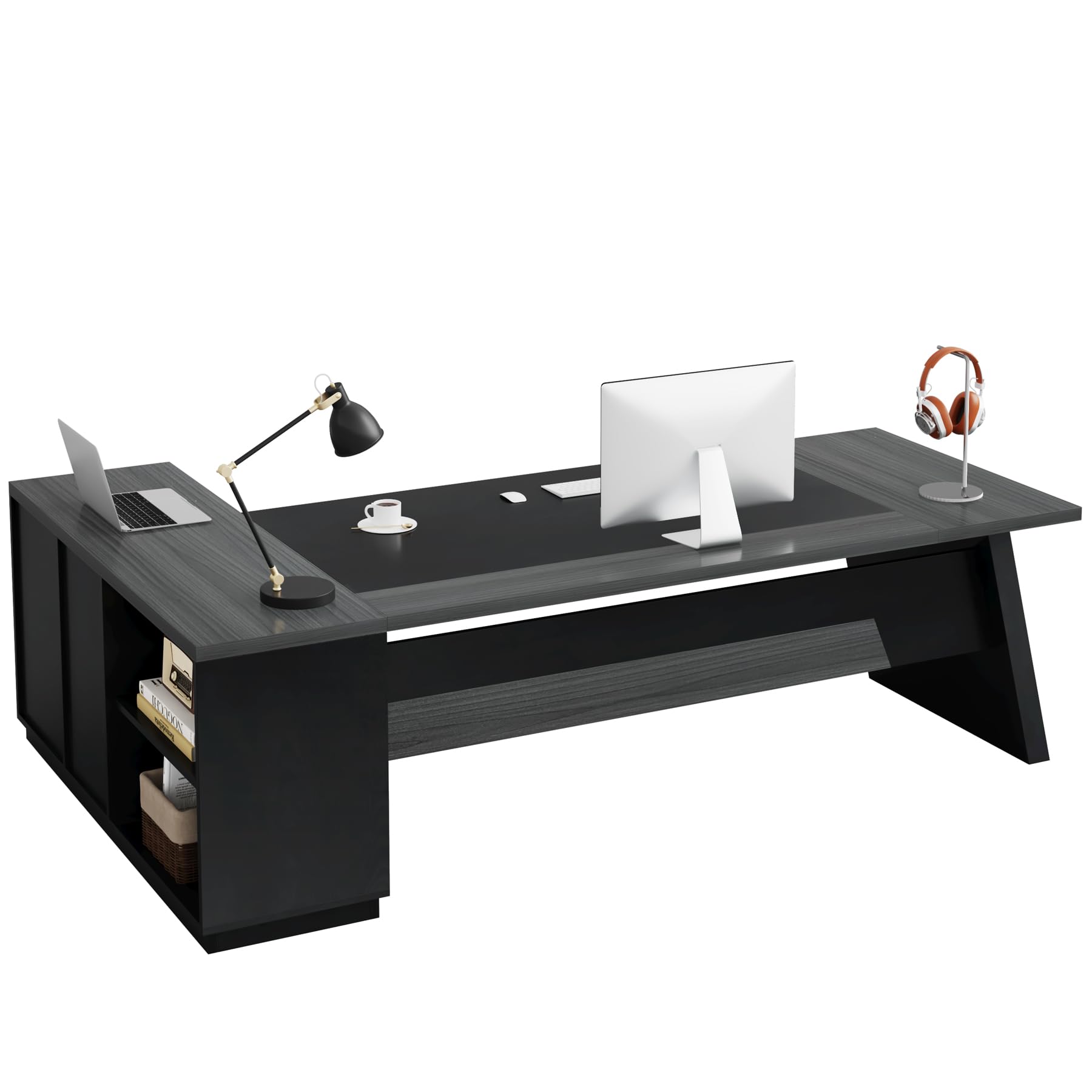 78-Inch L-Shaped Executive Desk with Drawers and File Cabinet