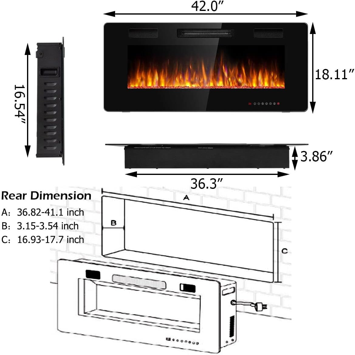 42 Inch Recessed Electric Fireplace Wall Mounted Heater