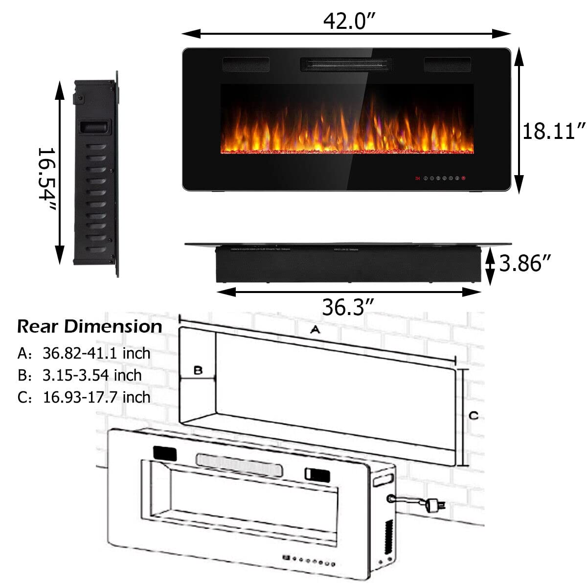 42 Inch Recessed Electric Fireplace Wall Mounted Heater