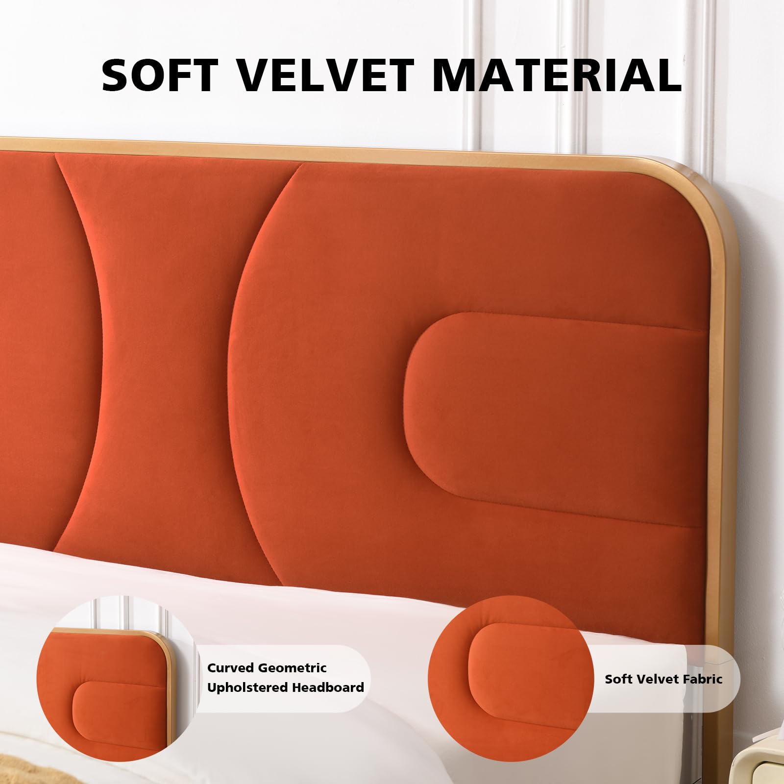 Full Size Velvet Upholstered Platform Bed with Rounded Metal Frame