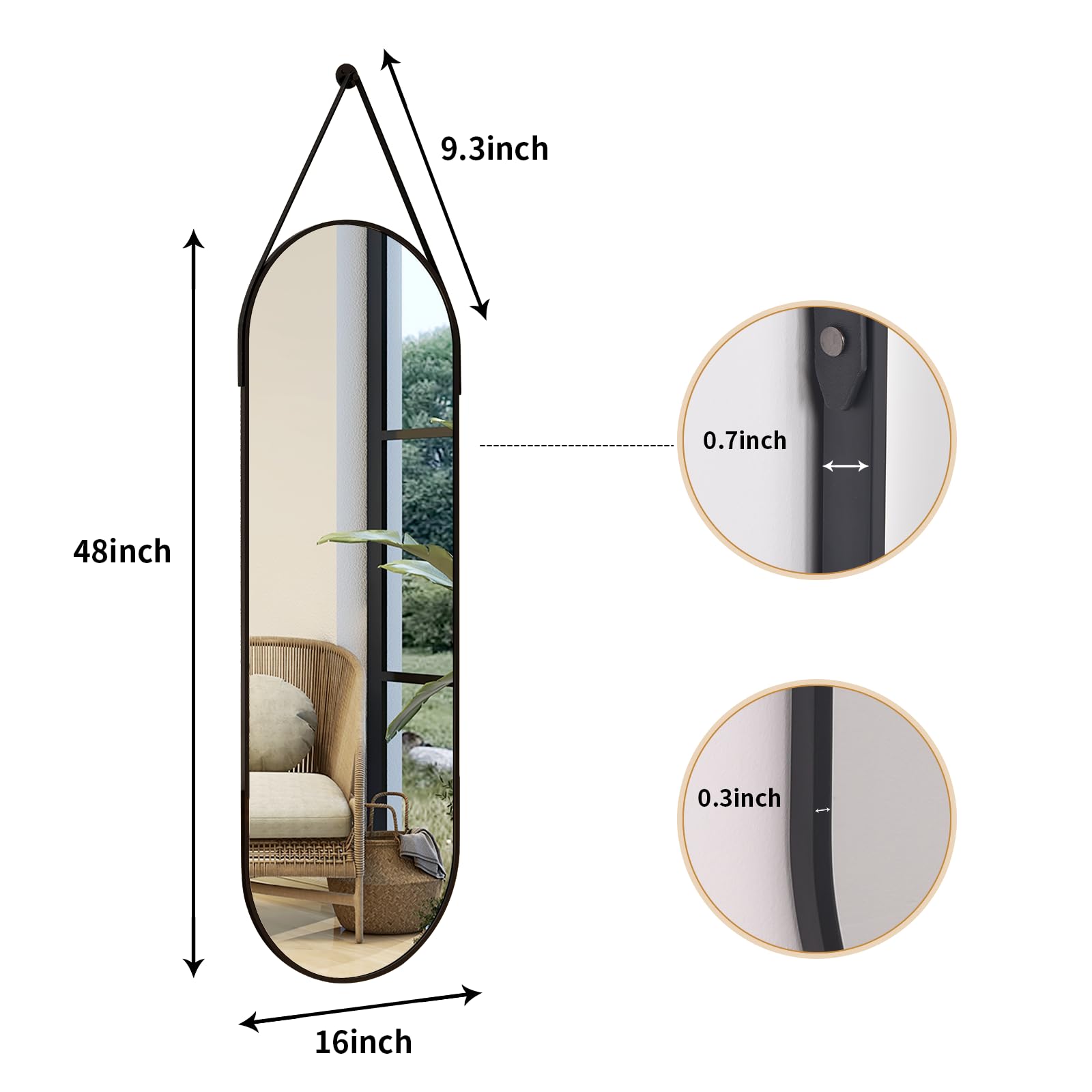 Full Length Oval Wall Mirror 16x48 with Leather Hanging Strap