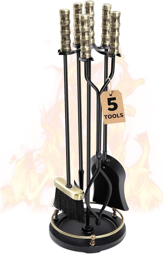5-Piece Fireplace Tool Set with Handles - Wrought Iron