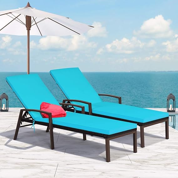Outdoor Rattan Wicker Chaise Lounge Set of 2 with Adjustable Backrest