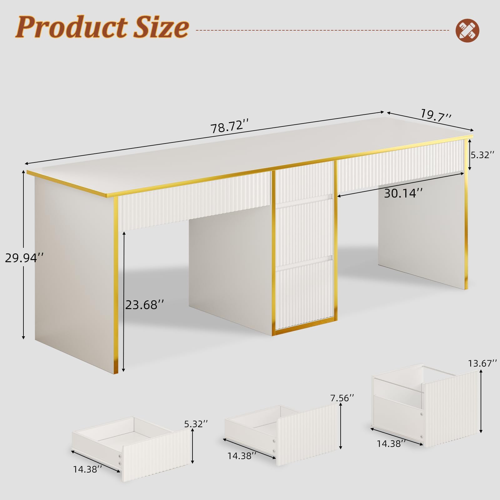 Two Person Desk with Drawers 78.72 Inch White Gold