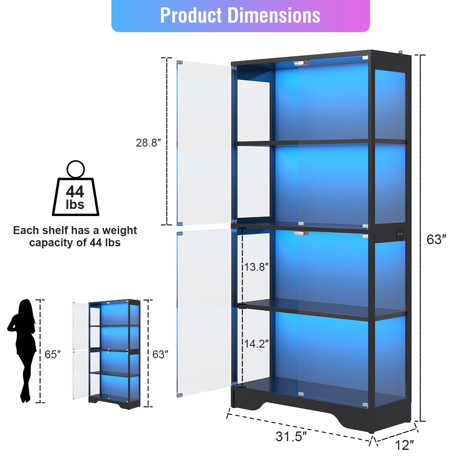 63" Glass Display Cabinet with Human Sensor RGB LED & 4-Tier Wood Shelves