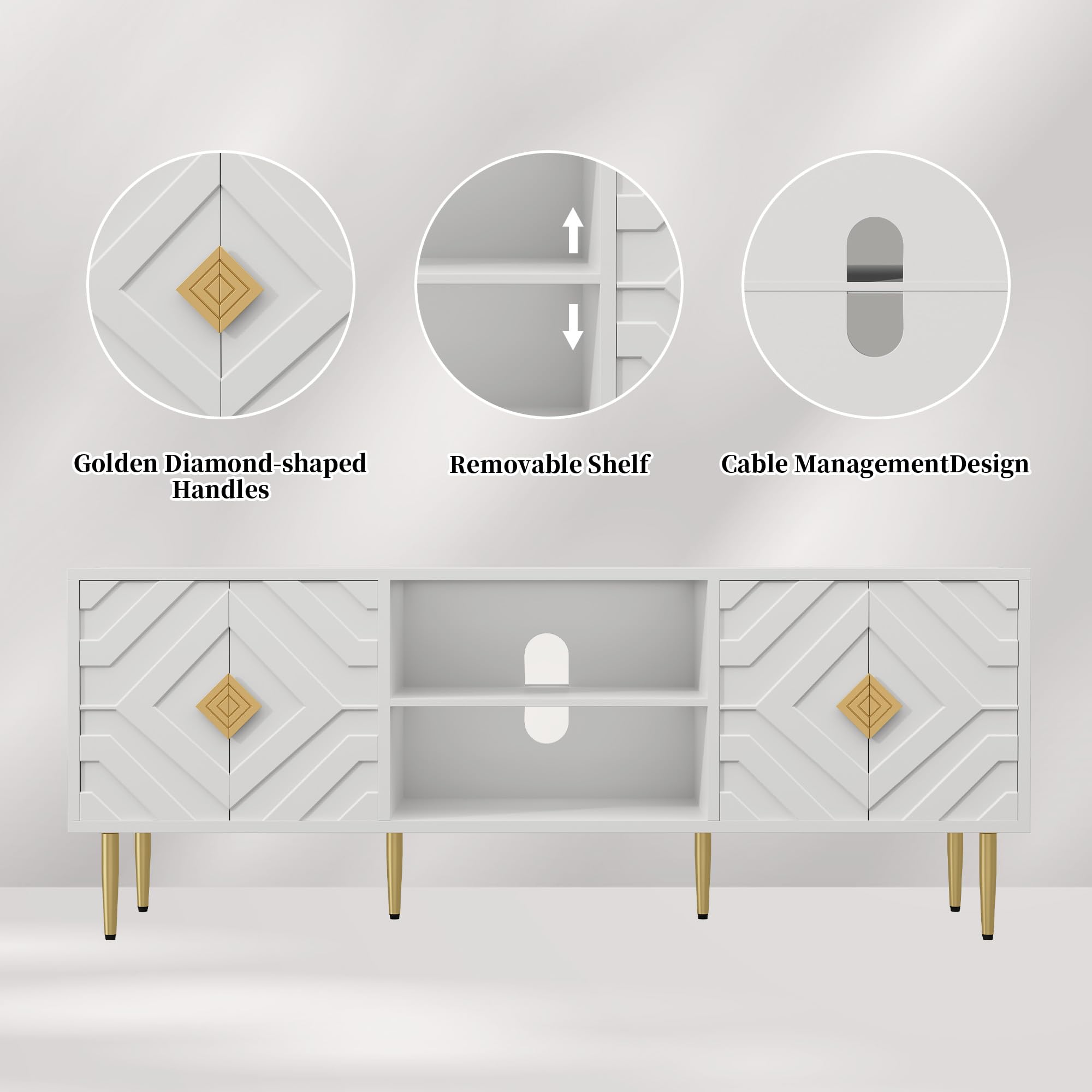 63'' White TV Stand with Storage Cabinets and Embossed Doors