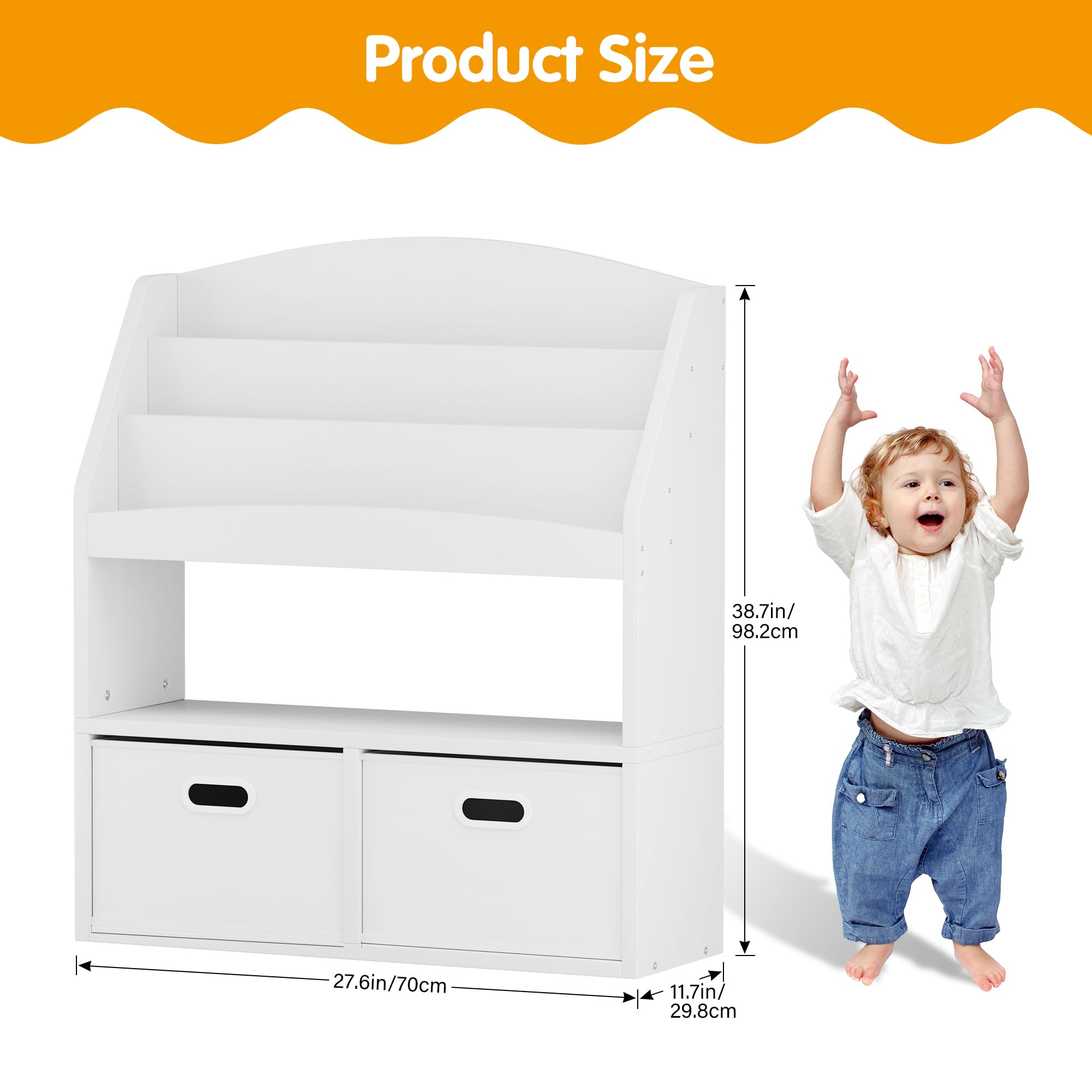 Homeiju Kids Bookshelf & Toy Storage Organizer with 2 Fabric Bins, 3 Tier Children Book Shelf, Toddler Bookcase for Toddler, Kids Room, Toys, Nursery, Playroom, White