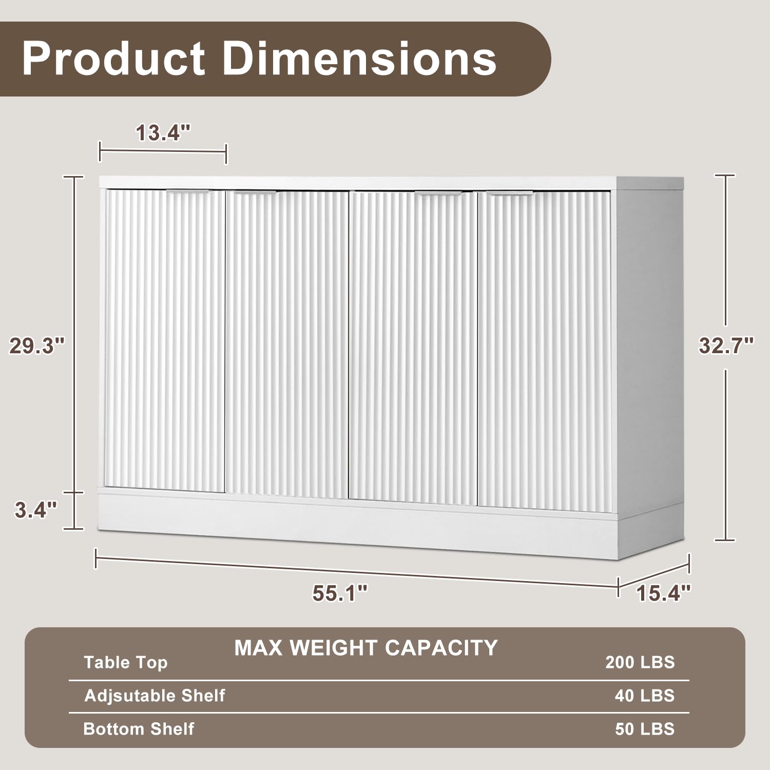 Fluted Buffet Sideboard Cabinet with Adjustable Shelves