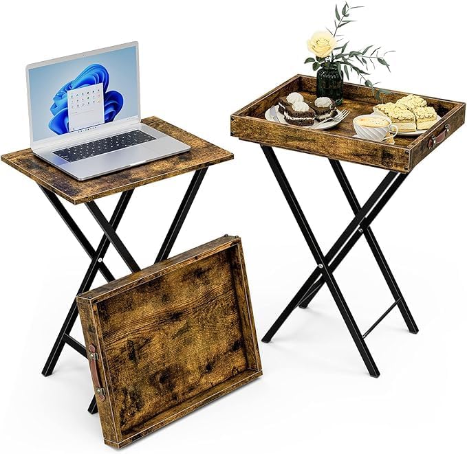 Folding TV Tray Tables Set of 2 with Removable Serving Tray