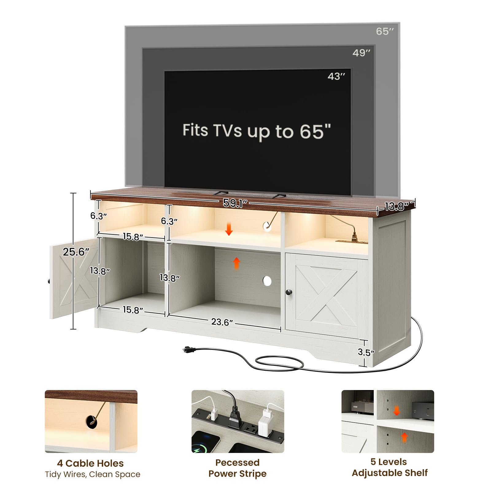 TV Stand for 65 Inch TV with Power Outlet and LED Light