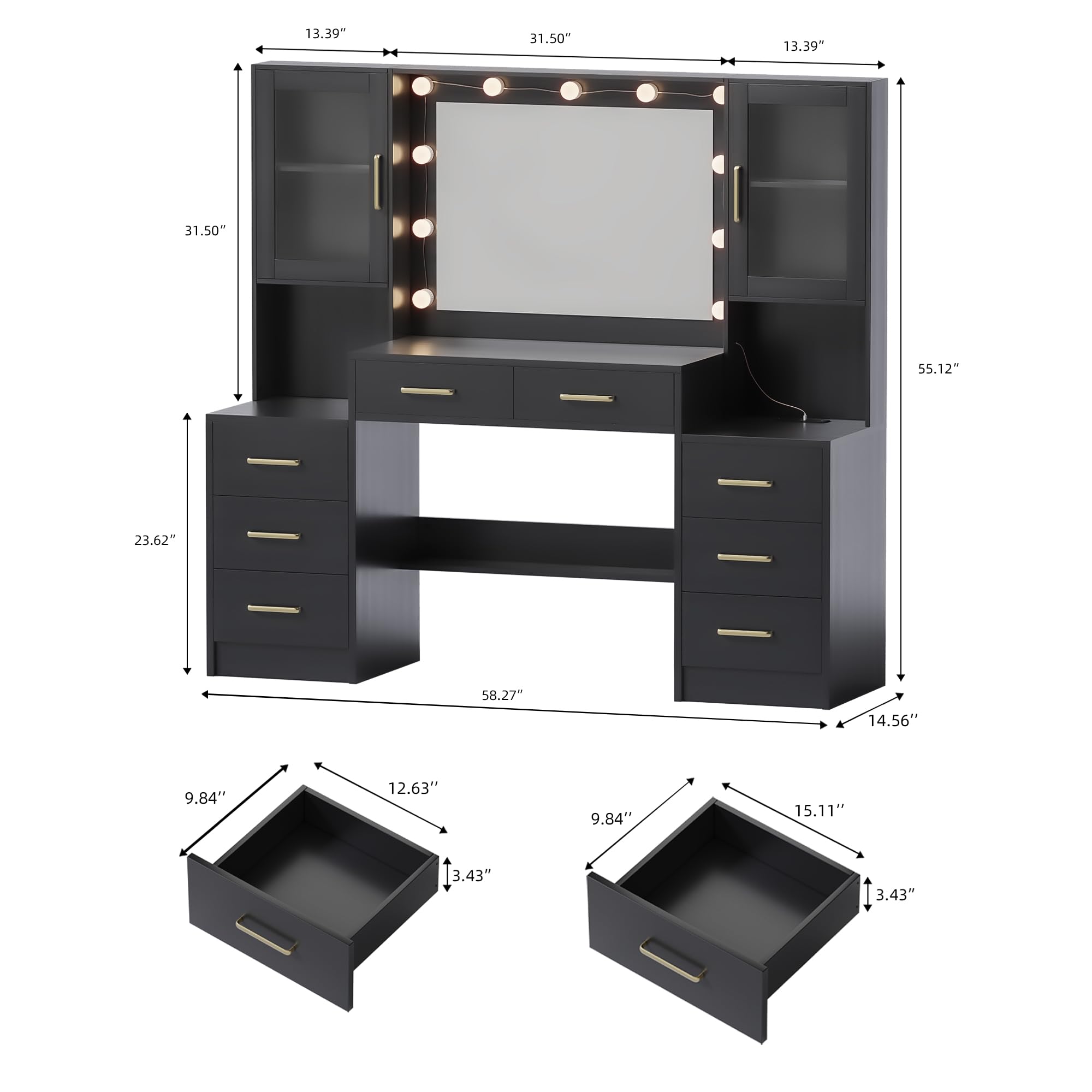 Large Black Vanity Desk with Mirror and Charging Station
