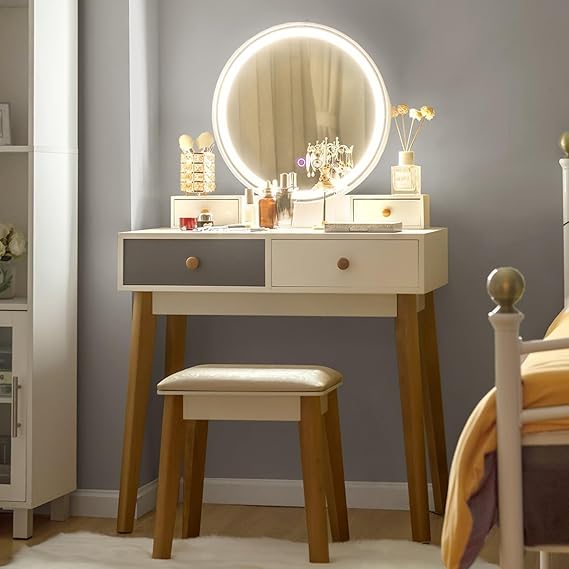 Navy Blue Vanity Desk with 3-Color Lighted Mirror and 4 Drawers