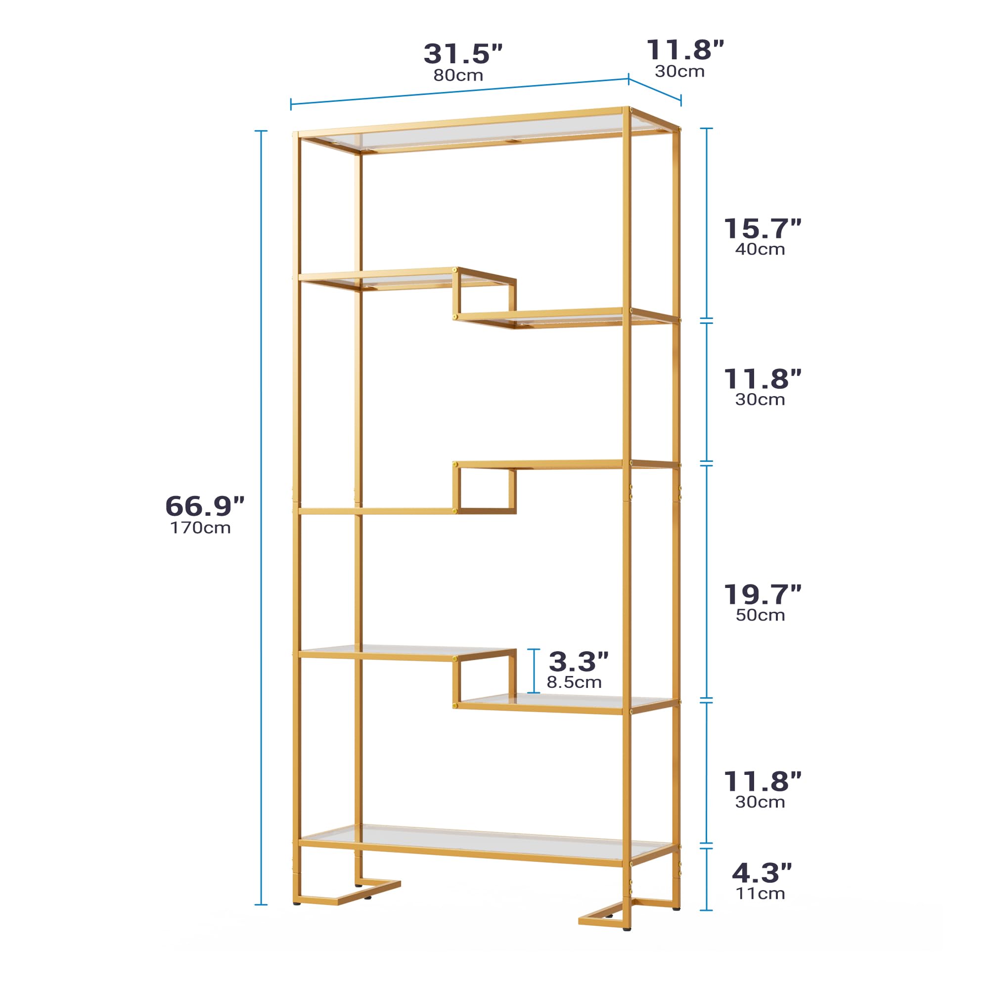 5-Tier Tempered Glass Bookshelf Golden Modern Display Shelf