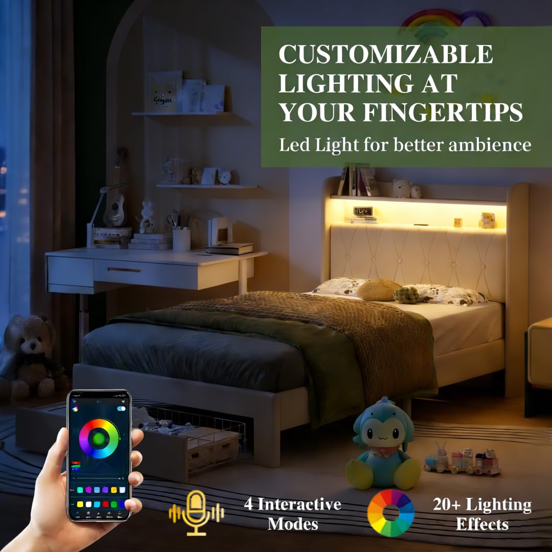 Twin Upholstered Platform Bed with LED Lights