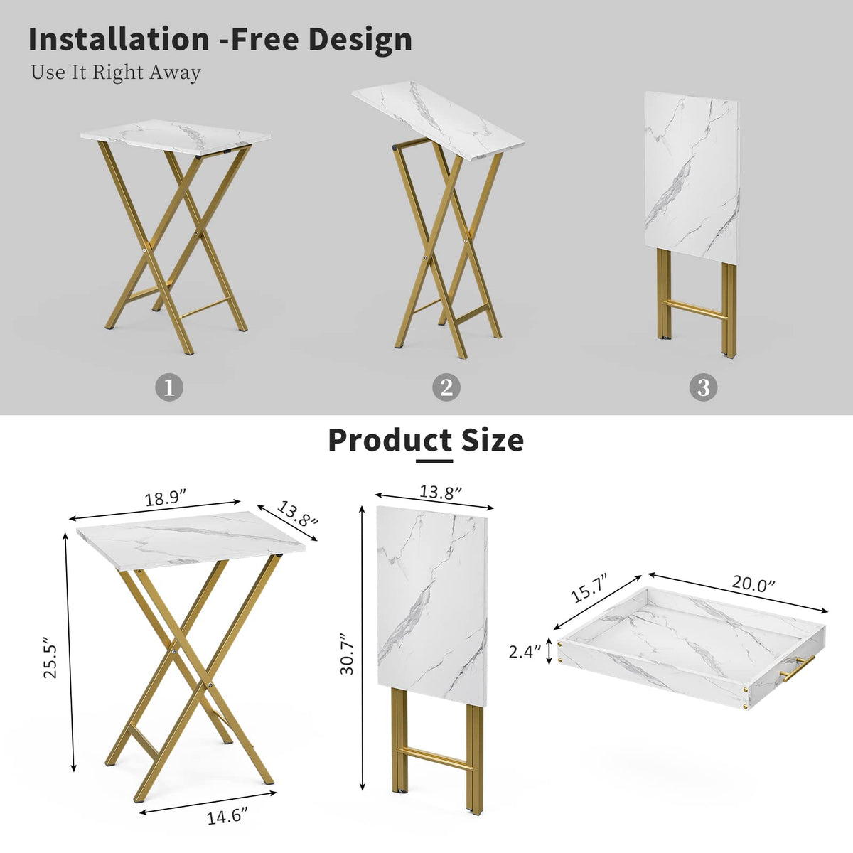 Folding TV Tray Tables Set of 2 with Removable Serving Tray