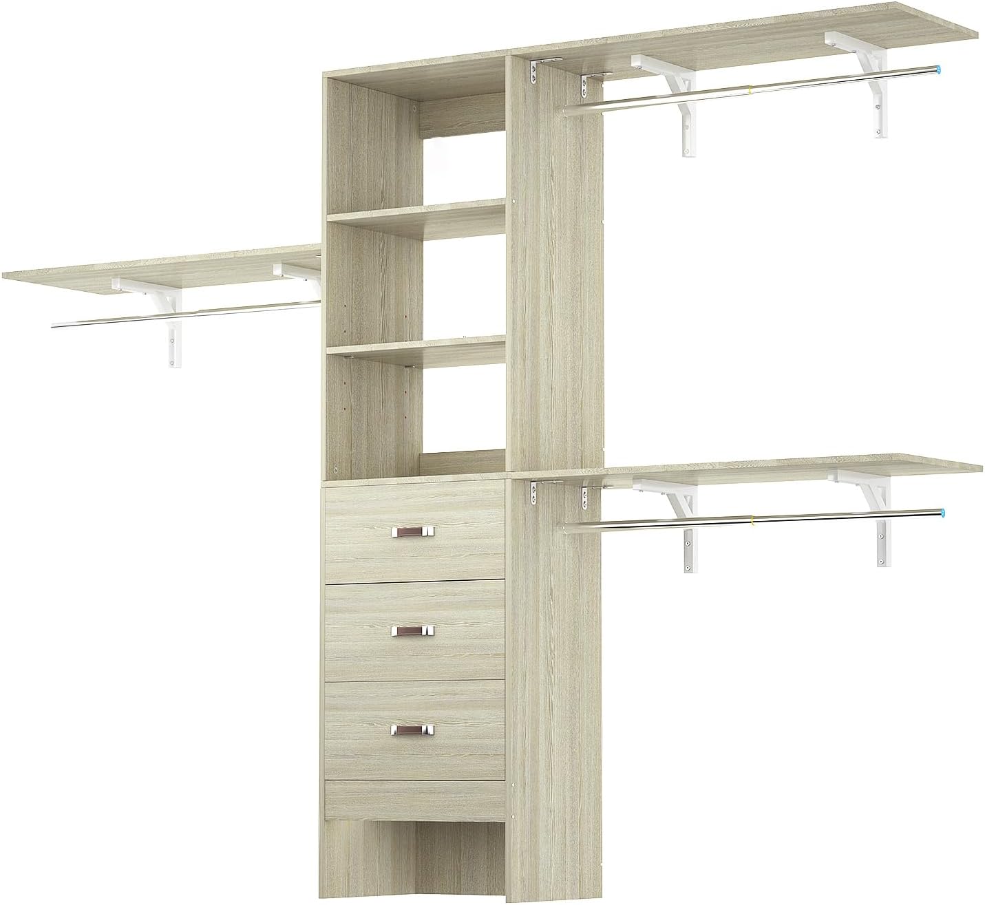 8FT Wall Mount Closet Organizer System with 3 Hanging Rods and Drawers
