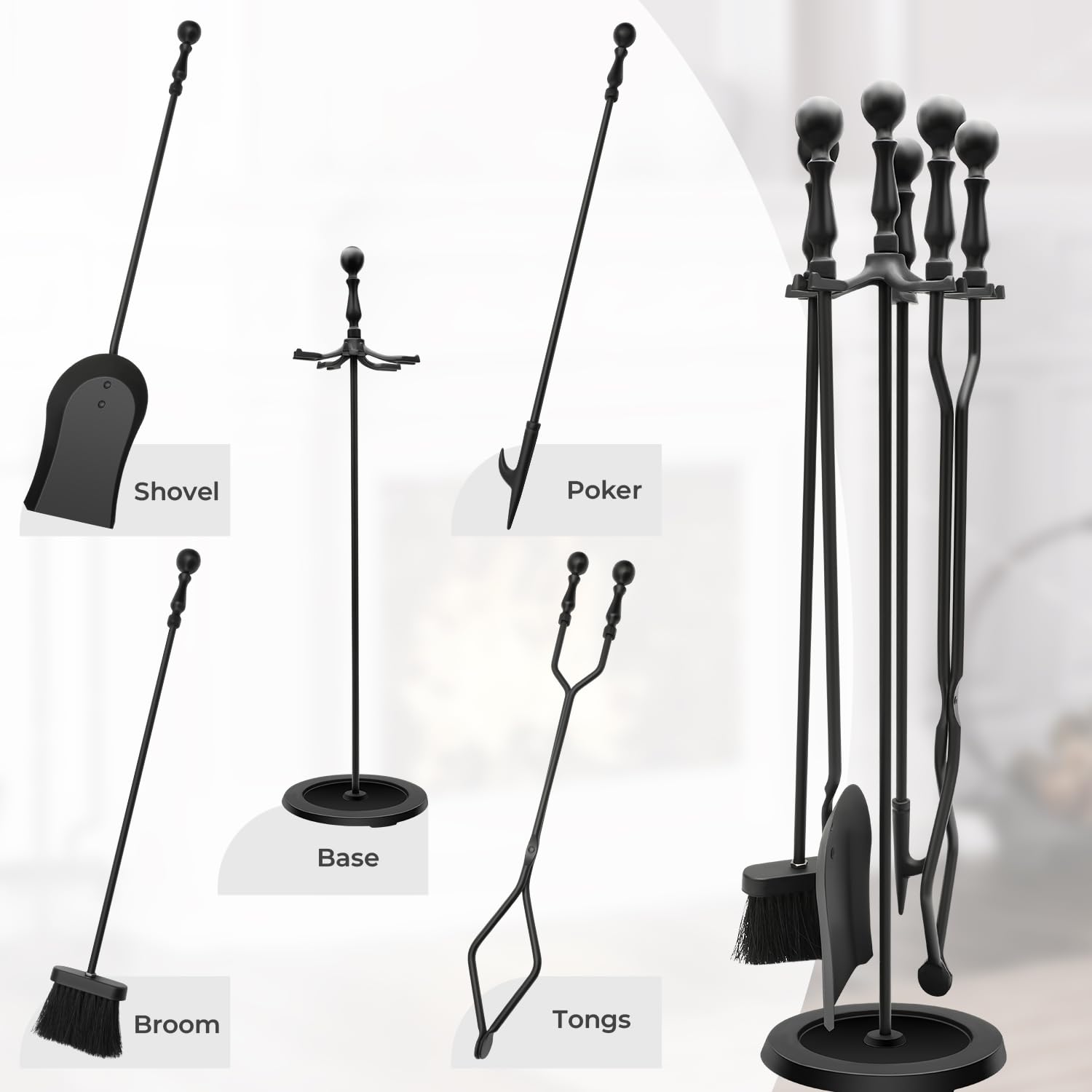 5-Piece Cast Iron Fireplace Tool Set with Stand