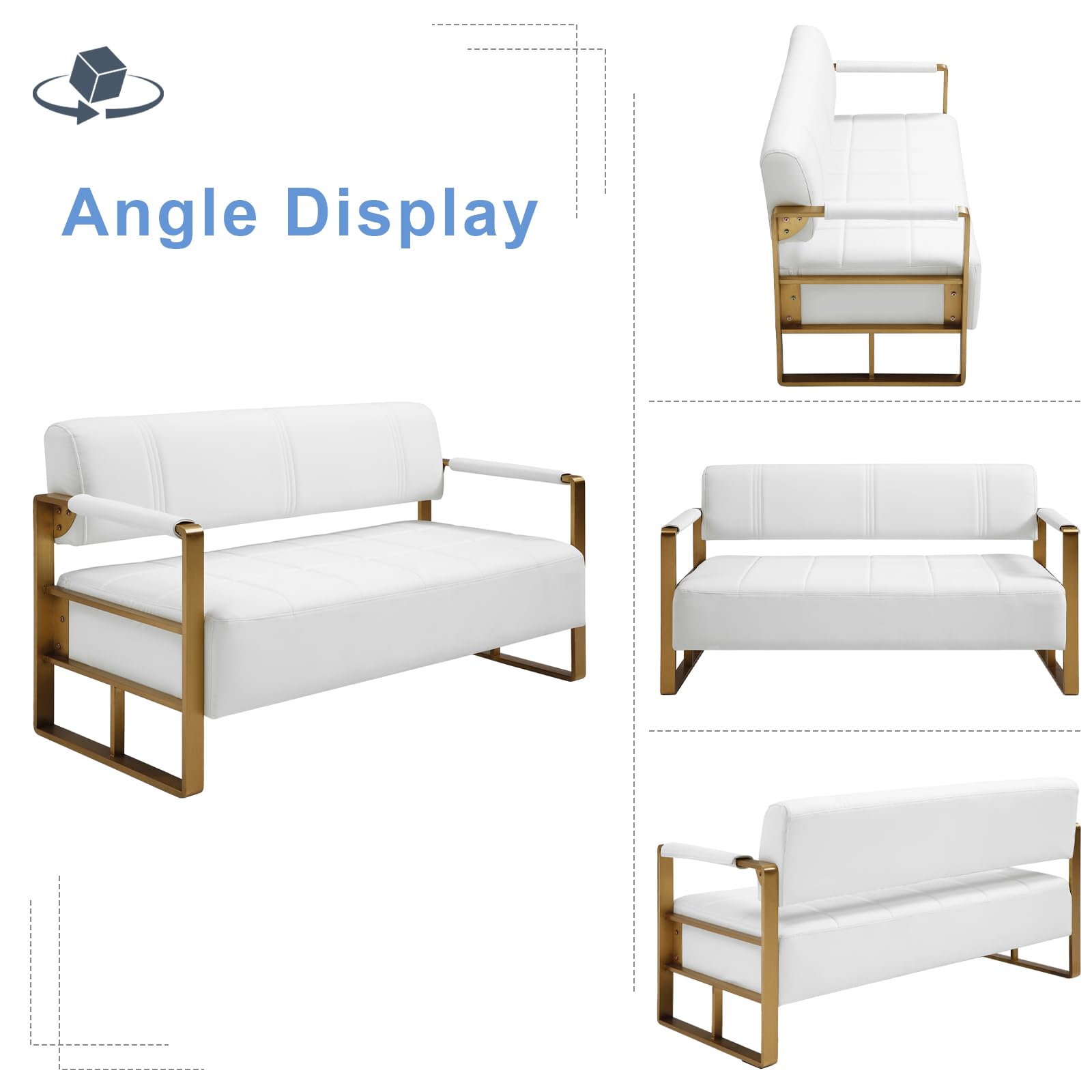 White Faux Leather Loveseat with Gold Metal Armrests