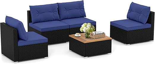 5-Piece PE Rattan Outdoor Sectional Set with Acacia Wood Coffee Table