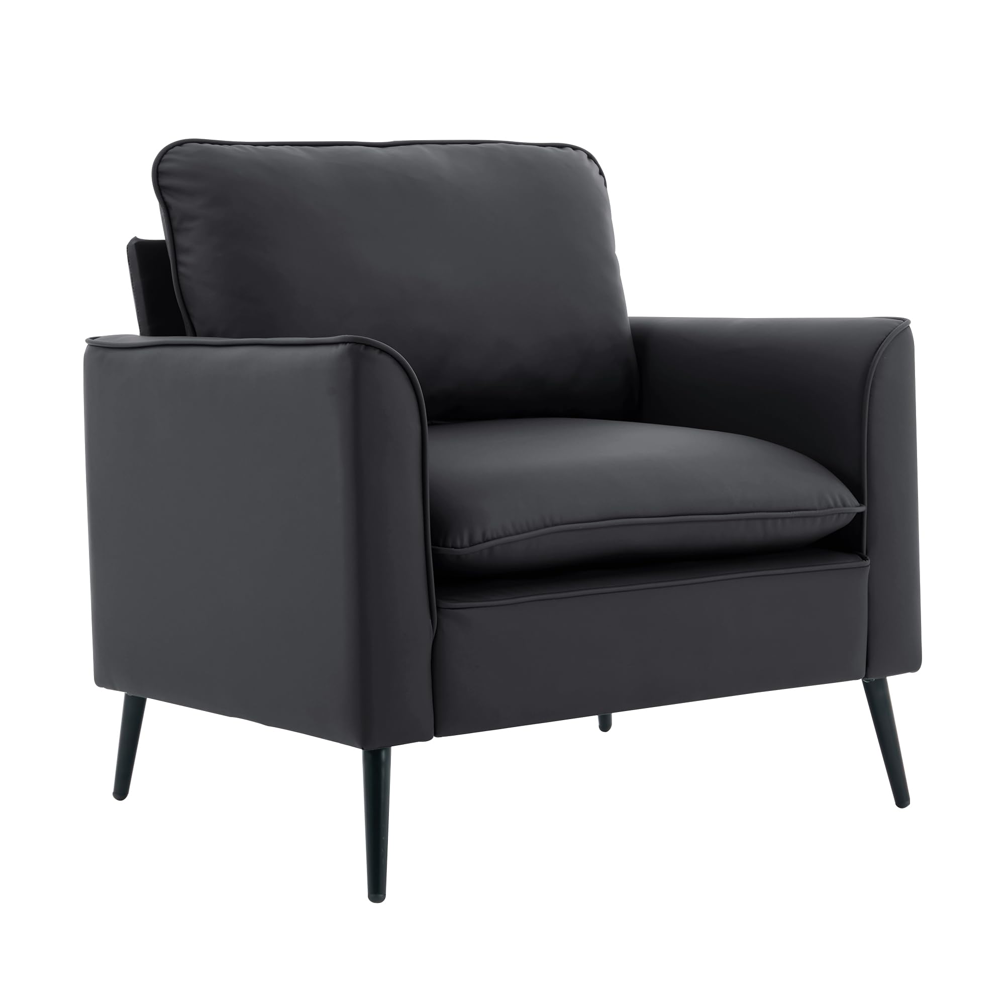 YISHENG Mid-Century Modern Living Room Accent Chairs Set of 2 - Oversized Faux Leather Armchairs with Removable Cushions & Metal Legs, Comfortable Sofas for Office/Lounge/Bedroom/Reception,（Black）