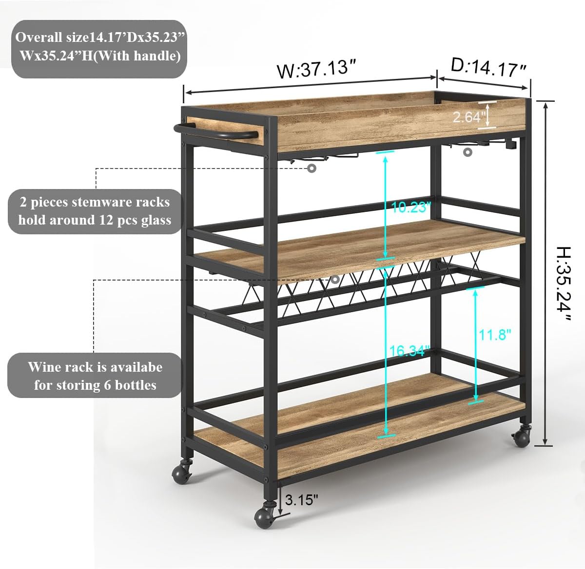 3-Tier Rolling Bar Cart with Storage