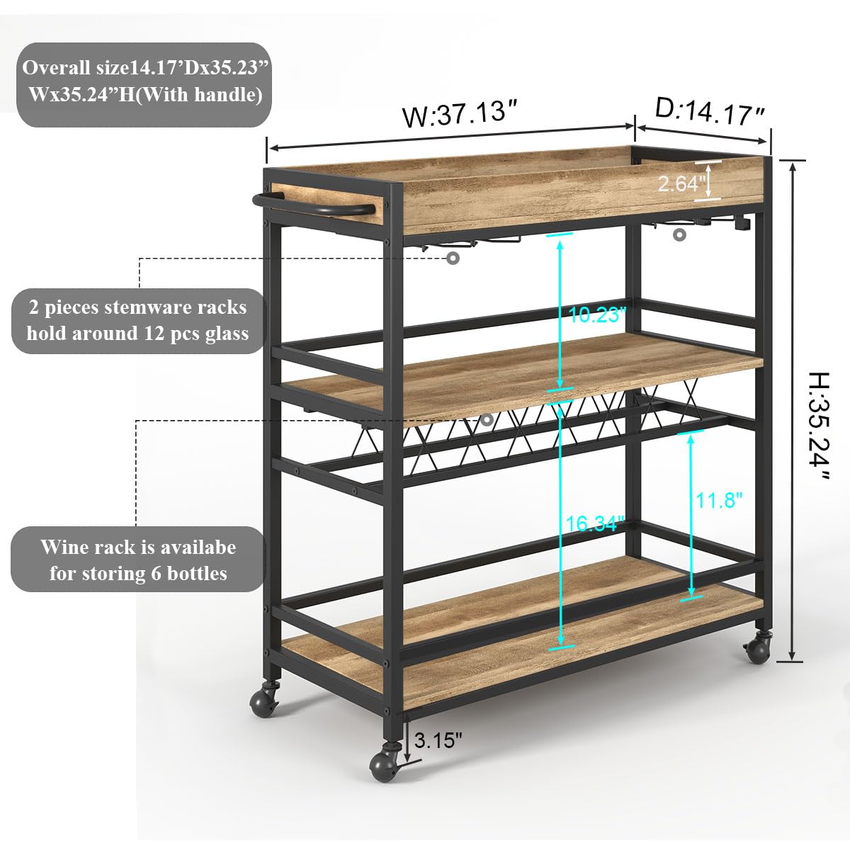 3-Tier Rolling Bar Cart with Storage