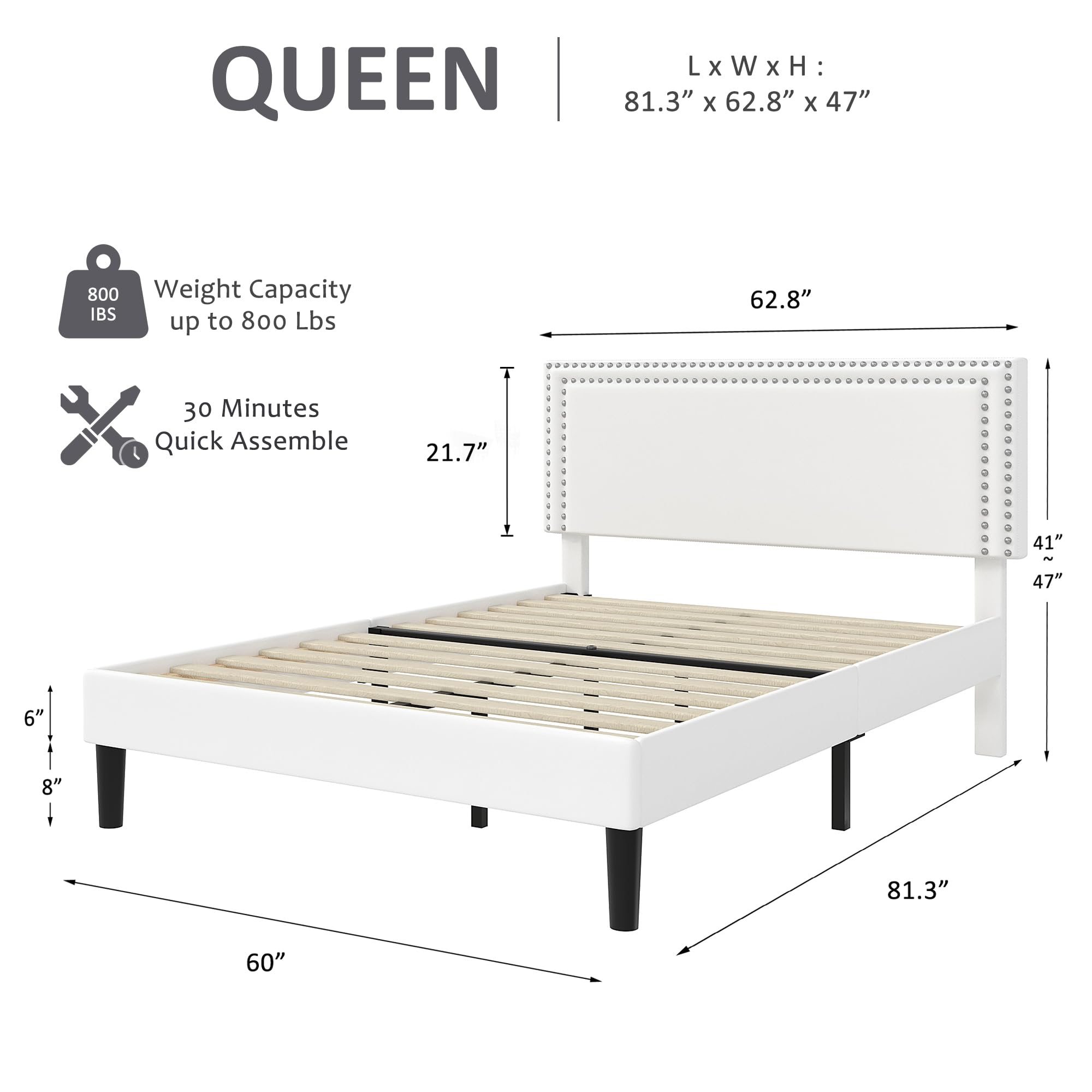 Queen Size Bed Frame with Adjustable Upholstered Headboard