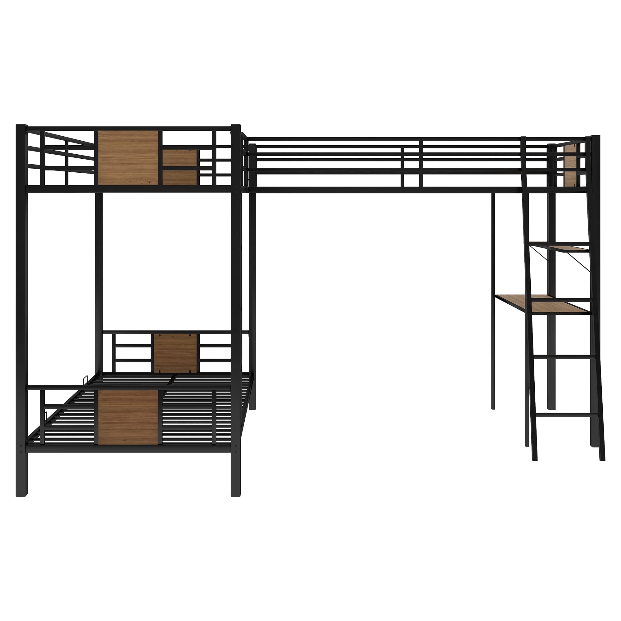 L-Shaped Twin Over Twin Bunk Bed with Loft Desk and Shelf