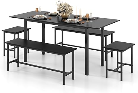5-Piece Extendable Dining Table Set with Benches and Stools