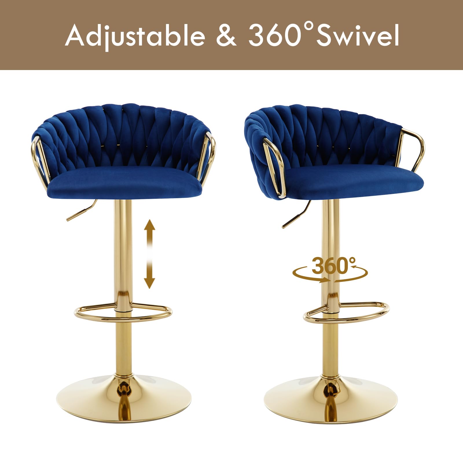 Velvet Bar Stools Set of 2 with Woven Back