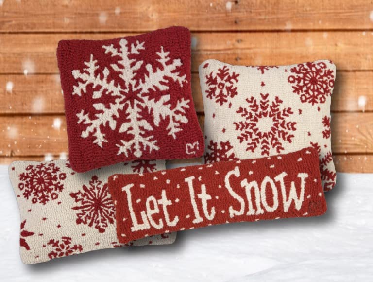 Red Snowflake Hand-Hooked Wool Christmas Throw Pillow